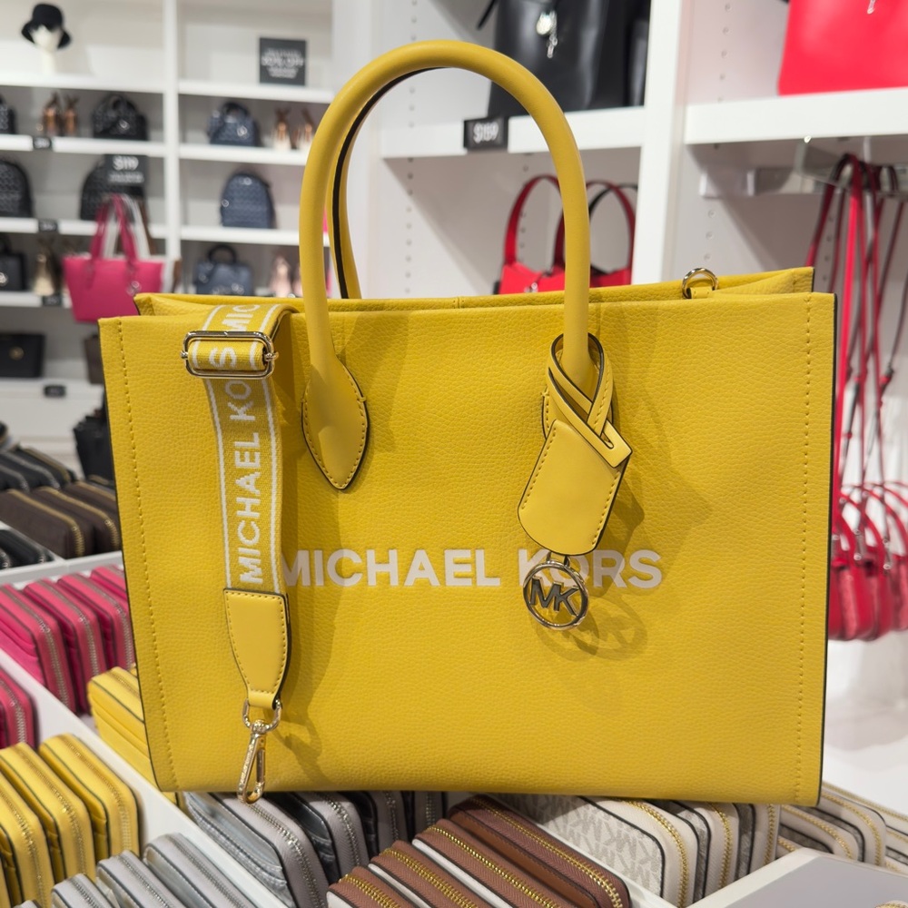 Michael Kors Mirella LG Yellow Tote Bag with Textured Leather and Gold Accents